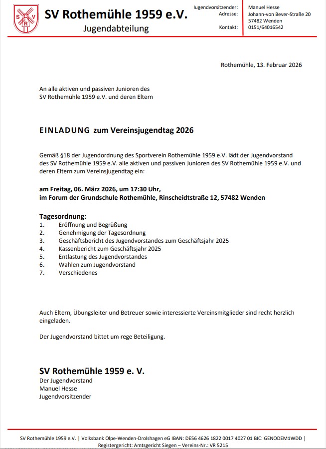 SVR Jugendabteilung Einladung Vereinsjugendtag 2026 03 06